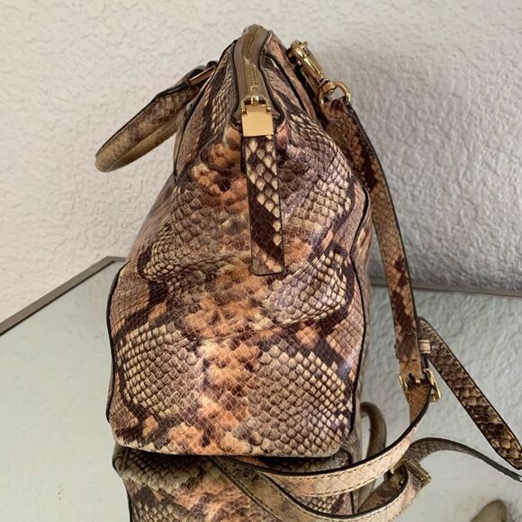 Michael Kors Riley Large Satchel Python Embossed Leather Handbag Brown, Tan - Picture 7 of 12